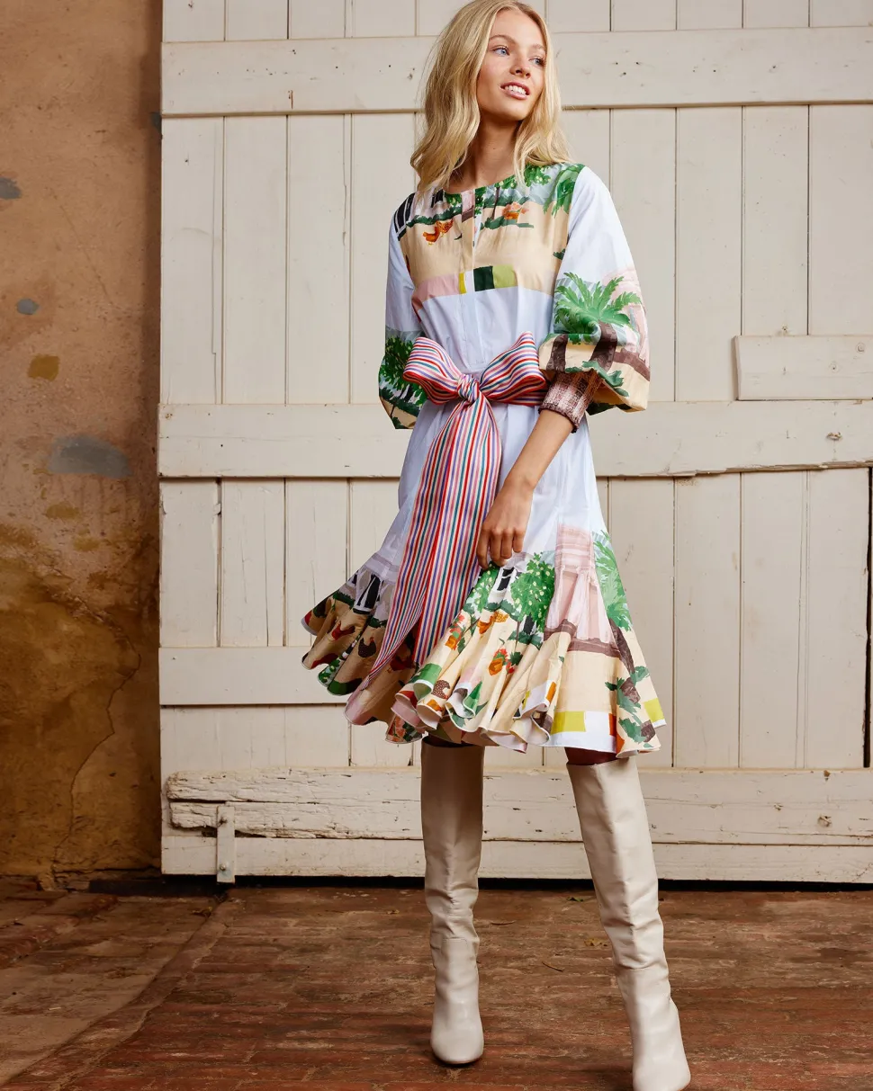 binny__seppeltsfield_road_1.webp Binny - SEPPELTSFIELD ROAD Handpainted printed cotton poplin midi dress with Belt - The Valley