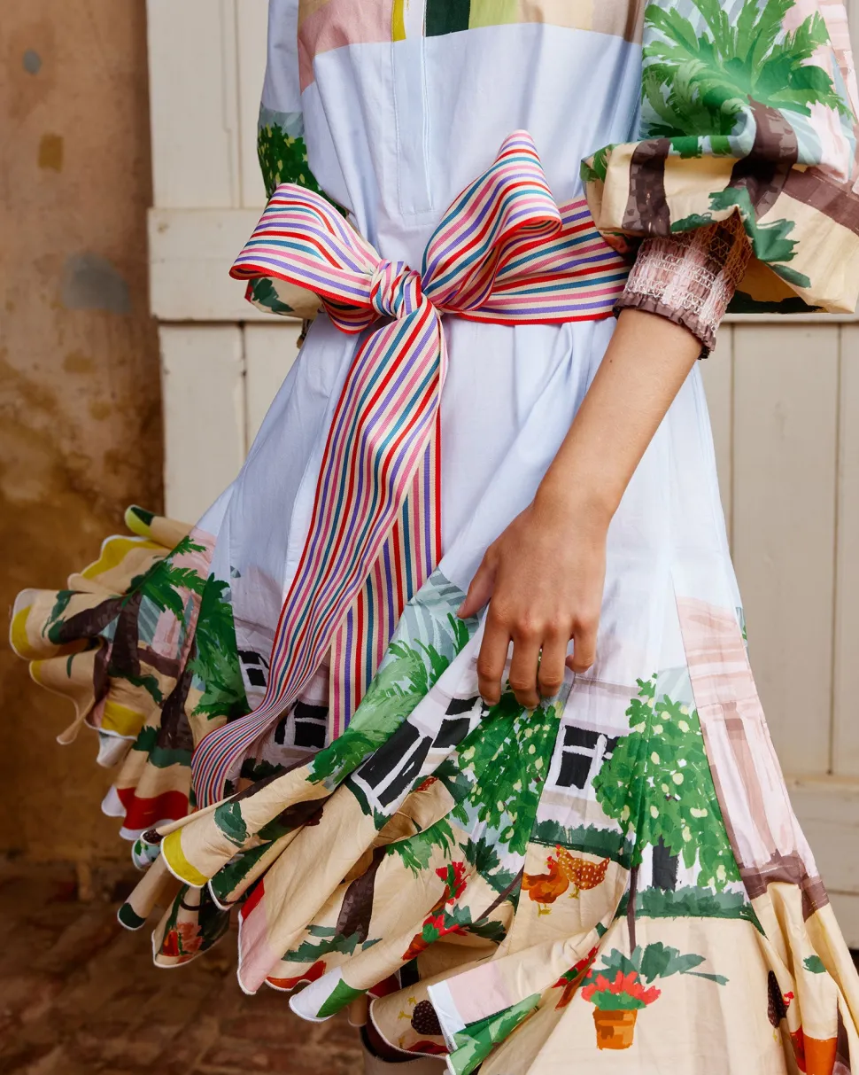 binny__seppeltsfield_road_3.webp Binny - SEPPELTSFIELD ROAD Handpainted printed cotton poplin midi dress with Belt - The Valley