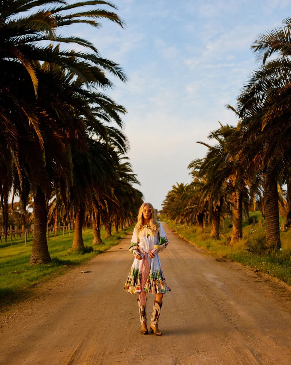 binny__seppeltsfield_road_5.webp Binny - SEPPELTSFIELD ROAD Handpainted printed cotton poplin midi dress with Belt - The Valley
