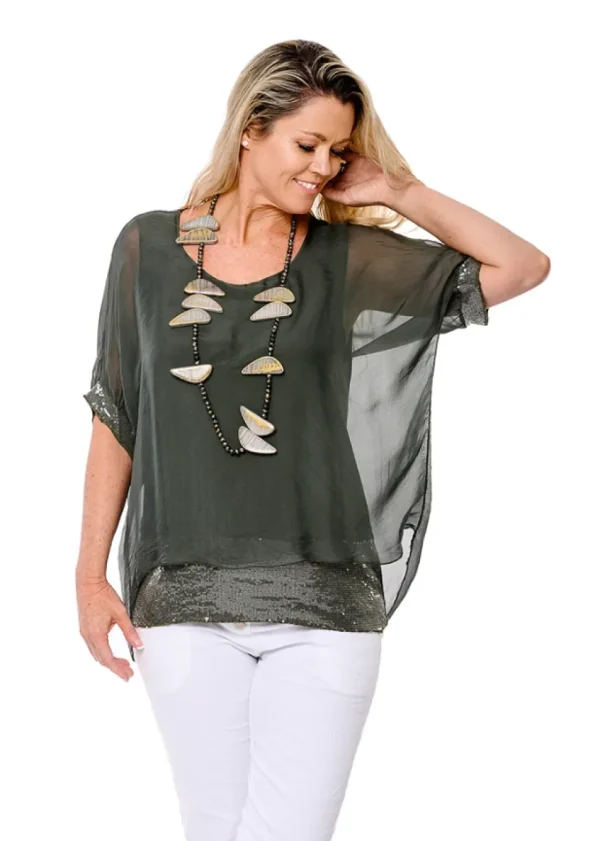 Imagine - Khaki Mimi Top Silk w Sequins 10MM2161K