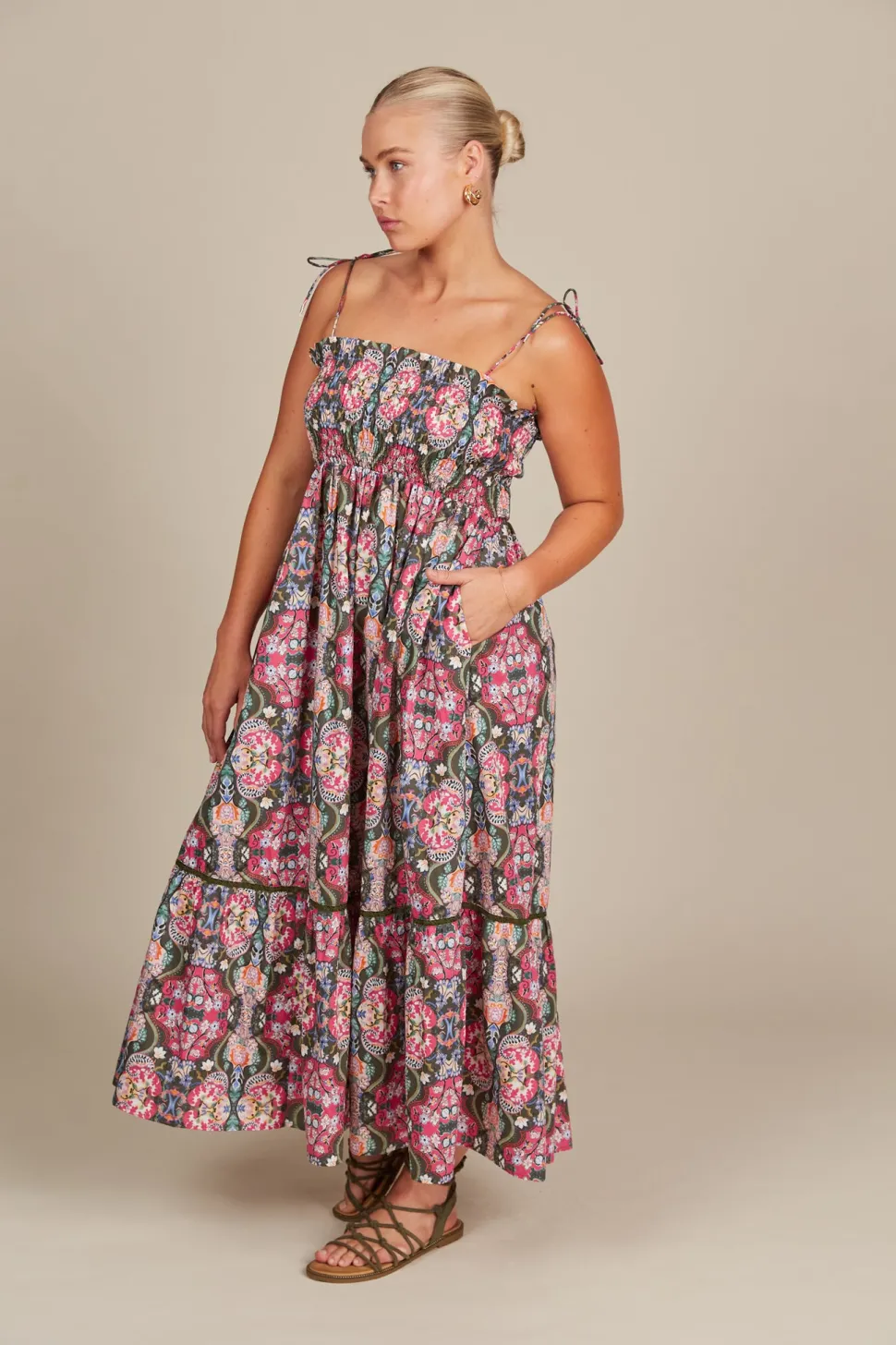 isle_of_mine__remi_shirre_0.webp Isle of Mine - Remi Shirred Maxi Dress - Olive Fleuron LAST ONE SIZE L