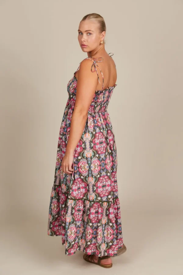 Isle of Mine - Remi Shirred Maxi Dress - Olive Fleuron LAST ONE SIZE L