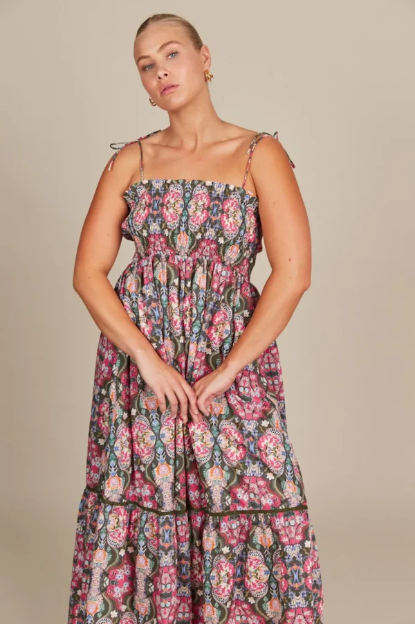 Isle of Mine - Remi Shirred Maxi Dress - Olive Fleuron LAST ONE SIZE L