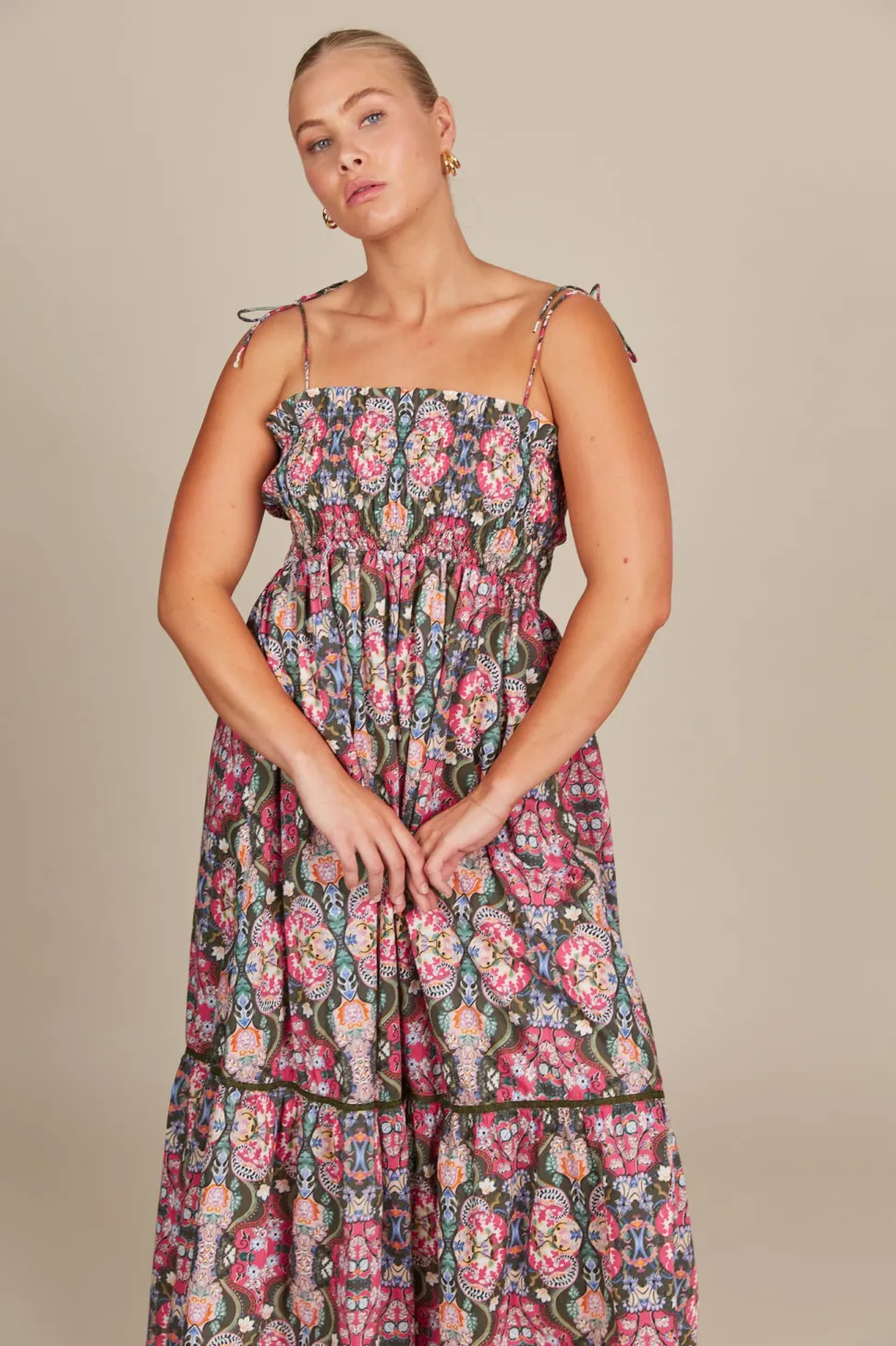 isle_of_mine__remi_shirre_2.webp Isle of Mine - Remi Shirred Maxi Dress - Olive Fleuron LAST ONE SIZE L
