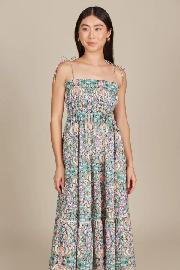 Isle of Mine - Remi Shirred Maxi Dress - Lotus Fleuron LAST ONE SIZE XS