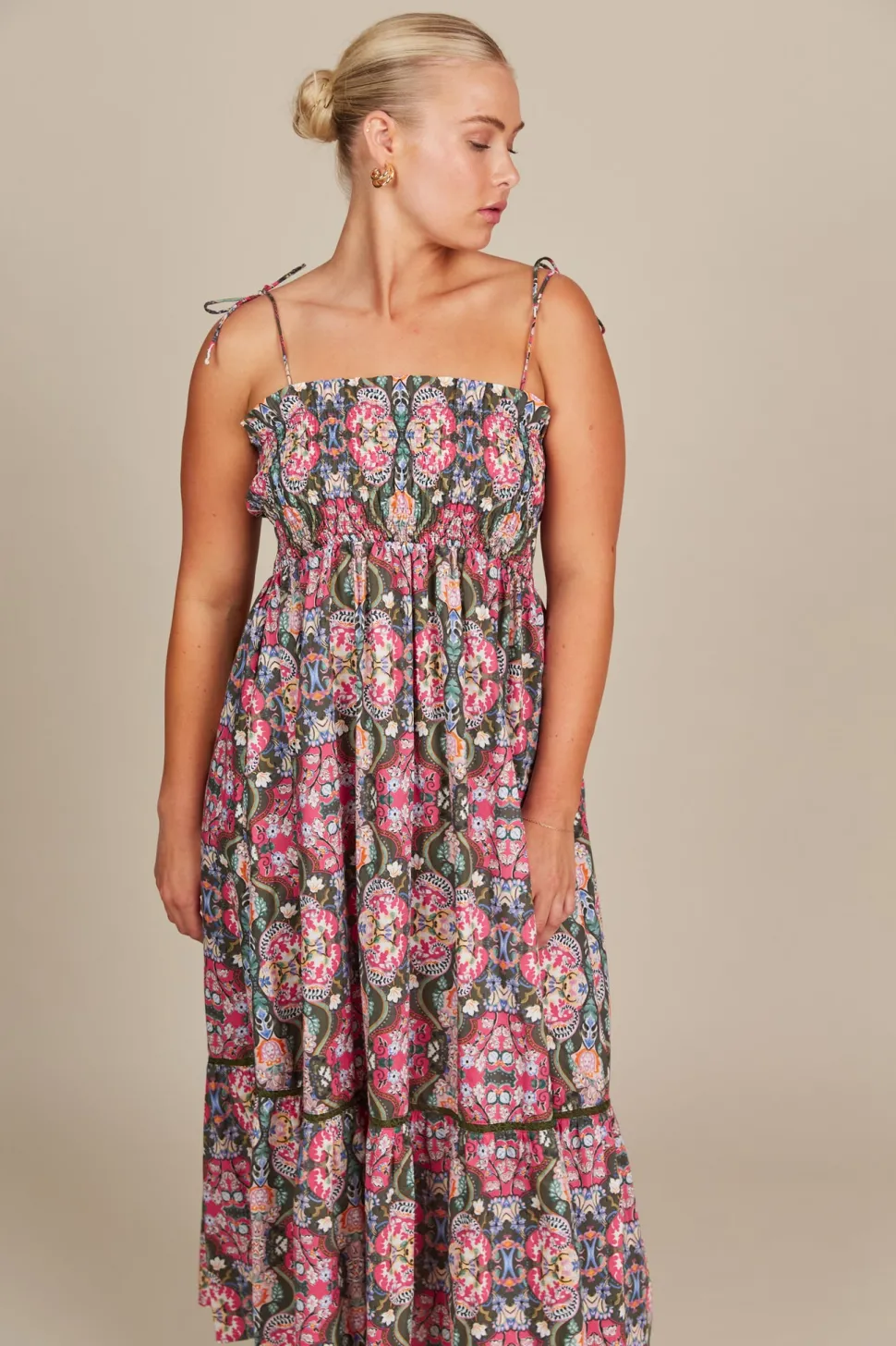 isle_of_mine__remi_shirre_3.webp Isle of Mine - Remi Shirred Maxi Dress - Olive Fleuron LAST ONE SIZE L