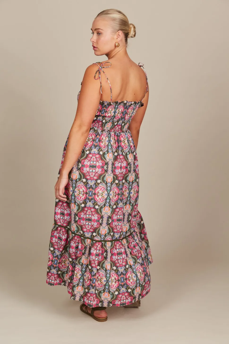 isle_of_mine__remi_shirre_4.webp Isle of Mine - Remi Shirred Maxi Dress - Olive Fleuron LAST ONE SIZE L