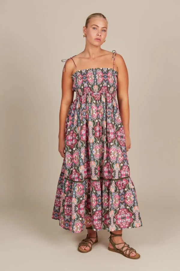 Isle of Mine - Remi Shirred Maxi Dress - Olive Fleuron LAST ONE SIZE L