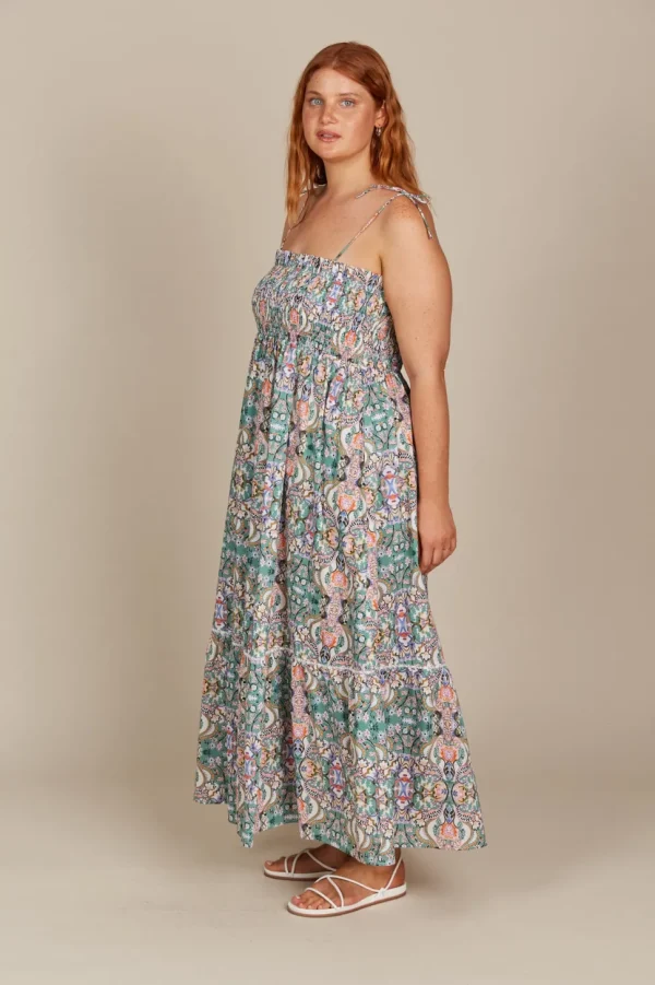 Isle of Mine - Remi Shirred Maxi Dress - Lotus Fleuron LAST ONE SIZE XS