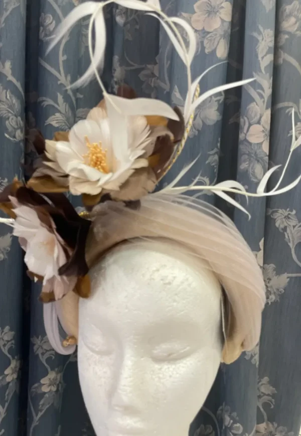 Melanie Ferrero - Beige Headband with Brown Feather Flowers