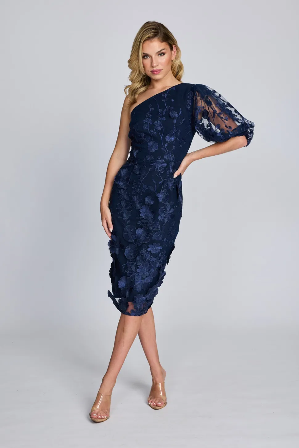 romance__blake_one_sleeve_1.webp Romance - Blake One Sleeve Dress - Navy Flower