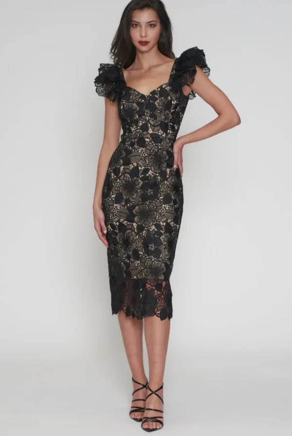 Romance - Paris Frill Sleeve Midi Dress - Black/Nude FINAL SALE