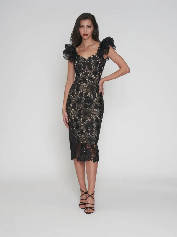 Romance - Paris Frill Sleeve Midi Dress - Black/Nude FINAL SALE